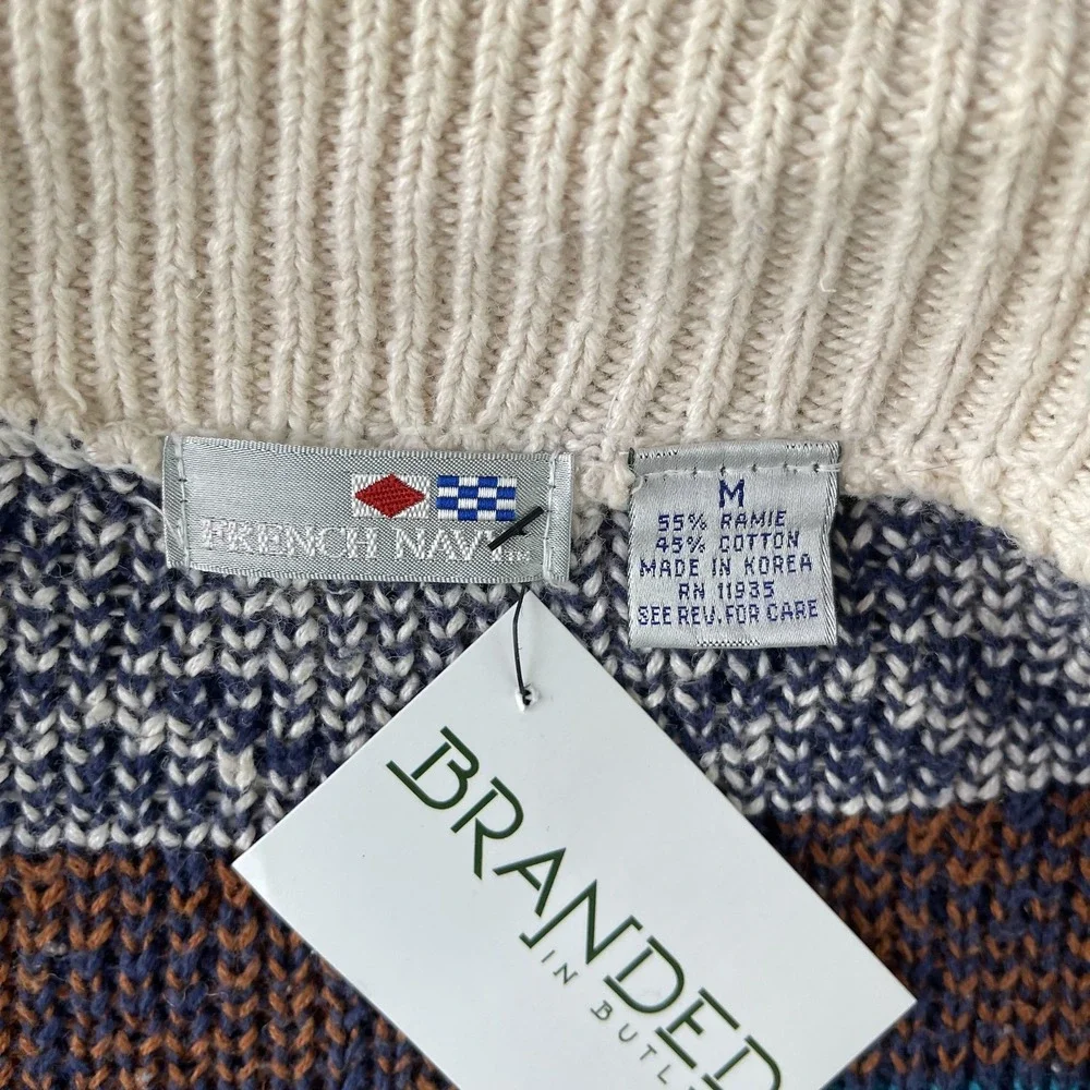 Vintage French Navy Sweater Mens Medium Cream Blue Geometric Shawl‎ Cardigan 90s